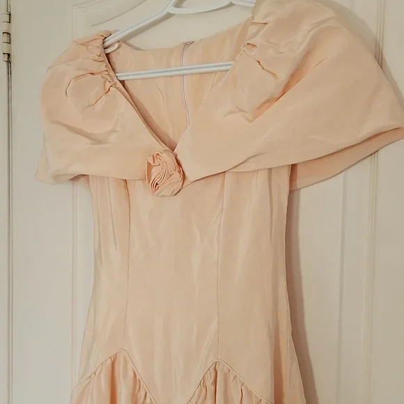 Vintage Handmade 80s Prom Peach Taffeta Party Dress - Picture 2 of 15